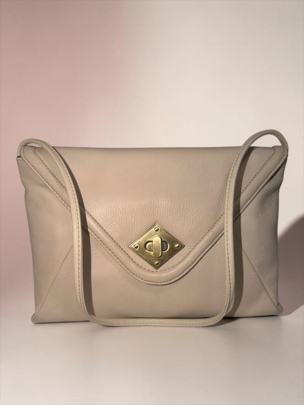 Kate Landry 2-Way Shoulder Bag Beige Pebbled Leather Turn Lock Envelope Clutch